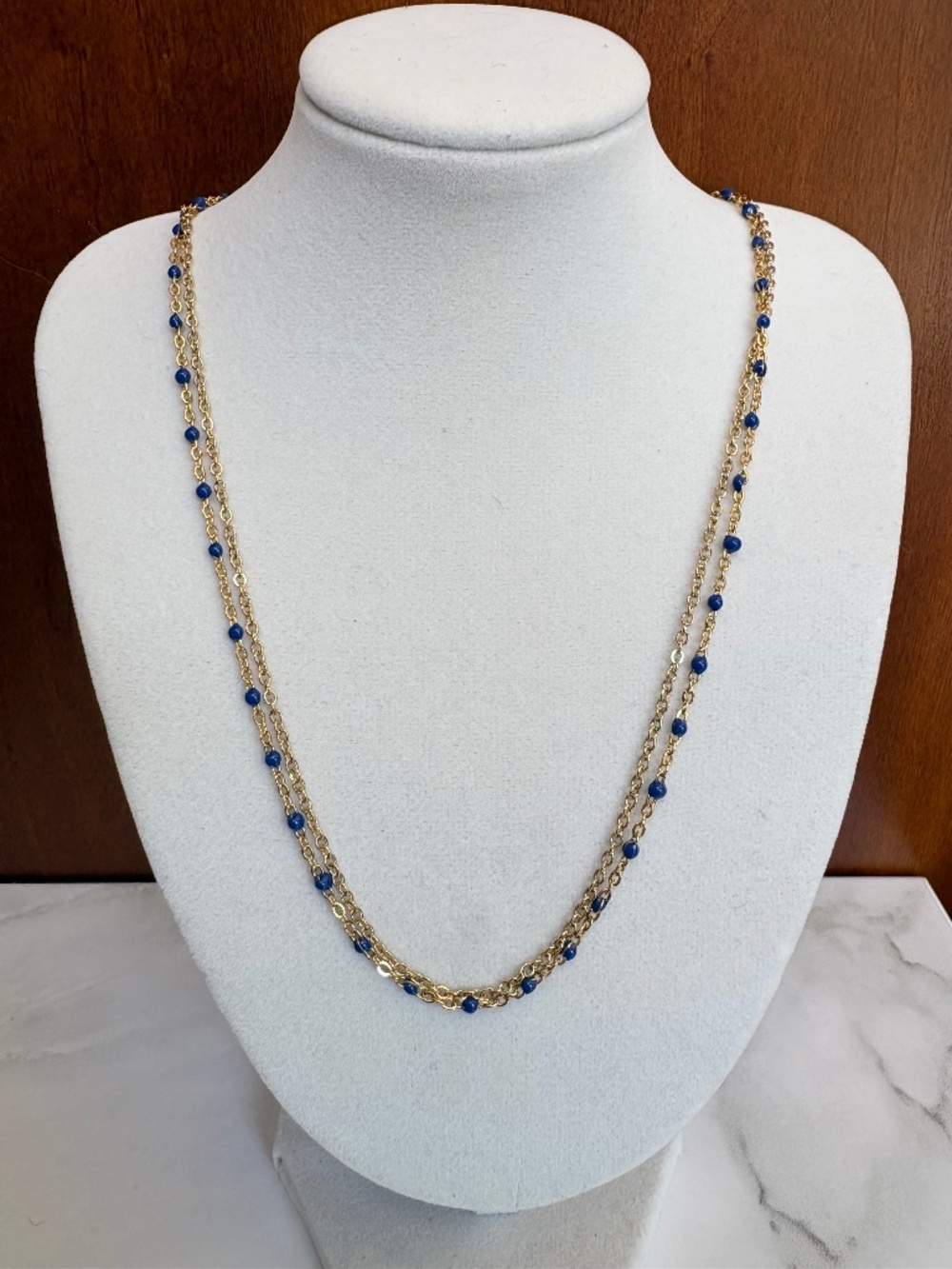 Plunder Blue Bead Necklace in Gold Tone by Plunder Design Private Label